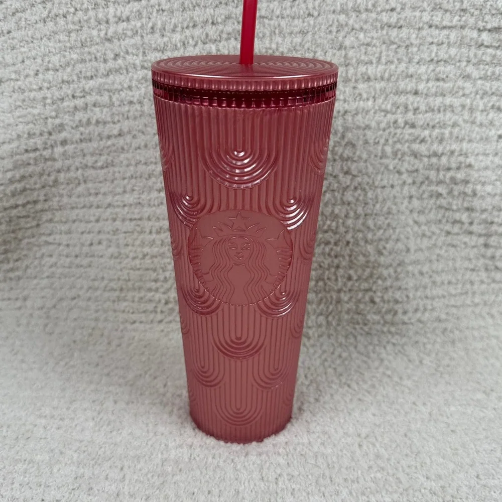 Starbucks 2022 Pink Tumbler 24 oz Cold Cup Quilted Arches‎ Reusable Straw Lid